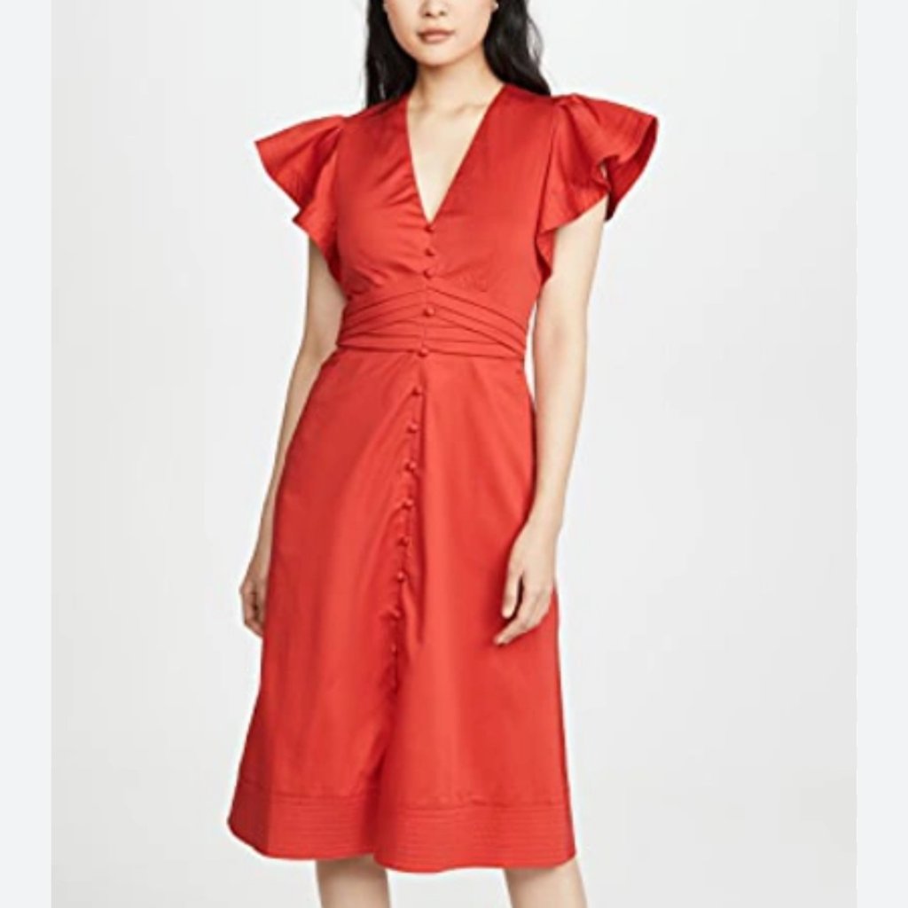 Veronica Beard New Sada Red Flutter Sleeve Button Detail Midi Dress Size 0